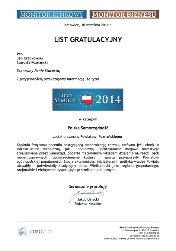 List Gratulacyjny EuroSymbol Polskiej Samorządności 2014 POWIAT POZNAŃSKI (2)