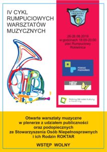 Plakat rumpuciowych warsztatów muzycznych od 26 do 28 sierpnia 2019 w Rokietnicy