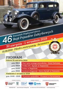 Plakat rajdu pojazdów zabytkowych od 30 sierpnia do 1 września w Szreniawie