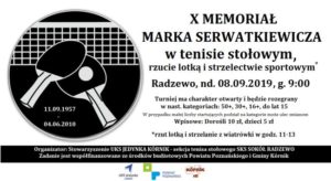 Plakat 10 Memoriału Serwtkiewicza w tenisie stołowym, lotkach i strzelectwie