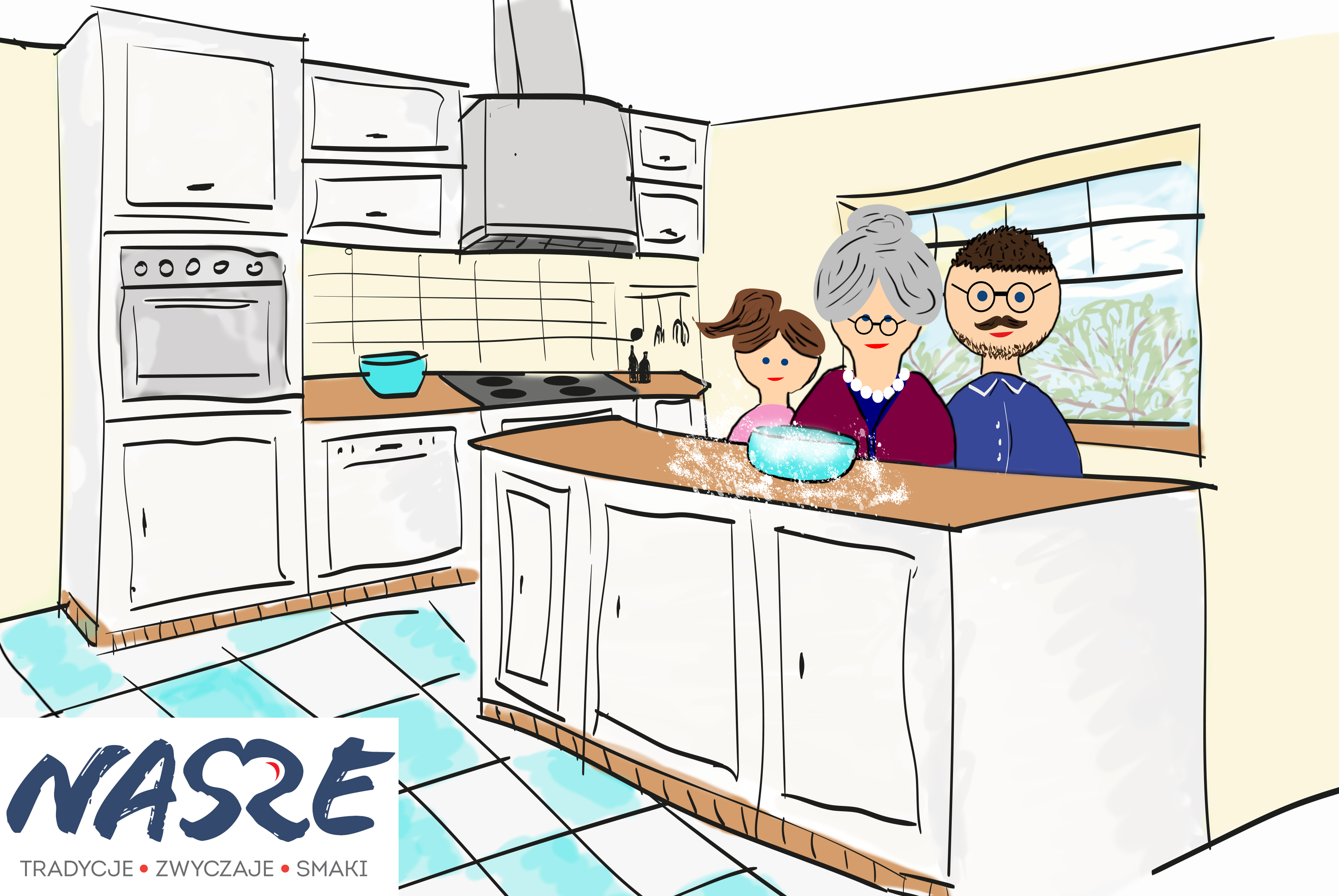 grafika ukazująca wielopokoleniową rodzinę gotującą w kuchni
