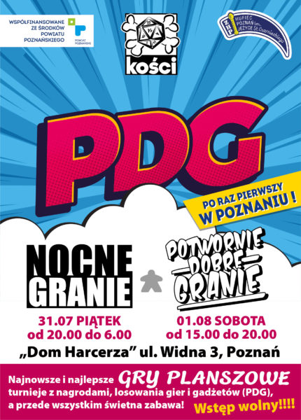 Plakat imprezy z grami planszowymi na poznańskim Placu Wolności w dniacg 31 lipiec i 1 sierpień 2020