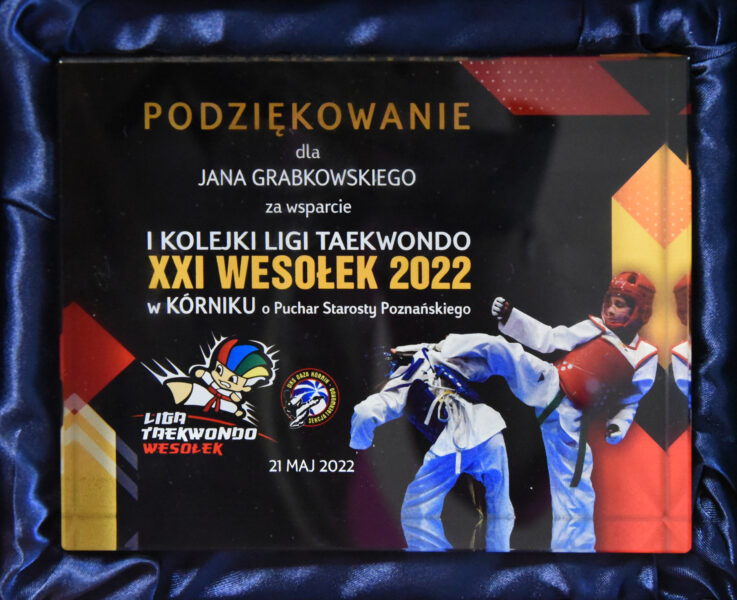 Podziękowanie dla starosty poznańskiego Jana Grabkowskiego za wsparcie I kolejki ligi taekwondo XXI Wesołek 2022