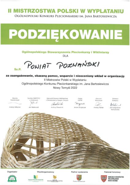 Podziękowanie dla powiatu poznańskiego za zaangażowanie w organizację II Mistrzostw Polski w Wyplataniu