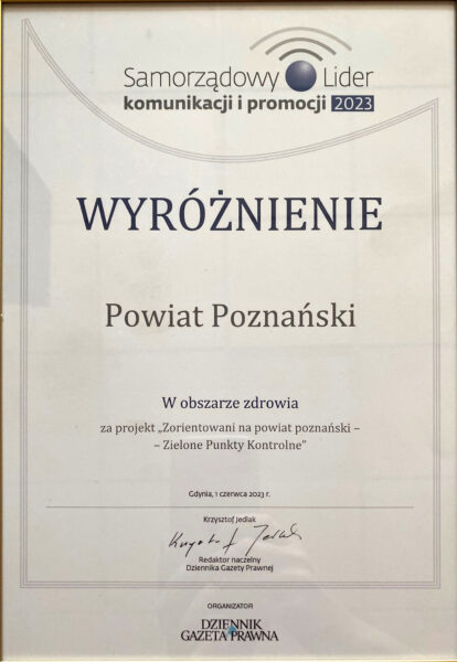 wyróżnienie dla powiatu poznańskiego za projekt Zorientowani na powiat poznański - Zielone Punkty Kontrolne