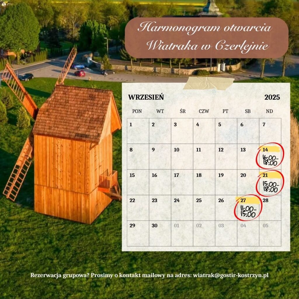 Plakat zwiedzania wiatraka w Czerlejnie