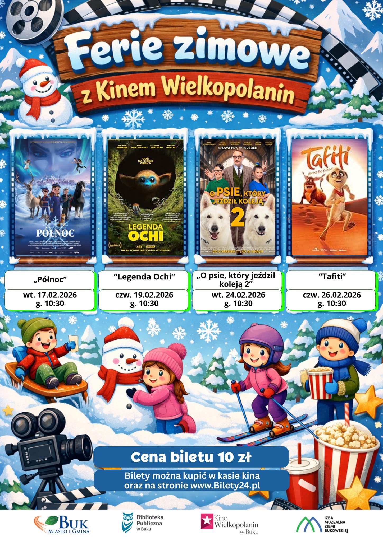 Plakat ferii zimowych w Kinie Wielkopolanin w Buku