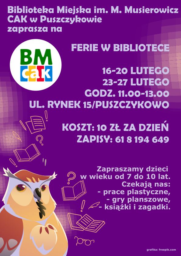 Plakat Ferie w Bibliotece Miejskiej w Puszczykowie